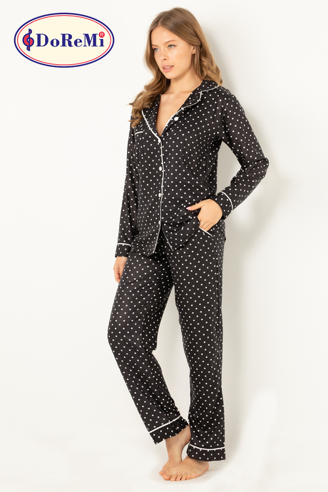 DoReMi Puantiyeli Doğal Viskon Soft Yumuşak Düğmeli Pijama Takımı