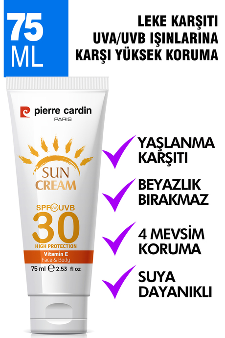 Pierre Cardin SPF 30 Leke Karşıtı Yüksek Koruyucu Yüz Güneş Kremi 75 ML Normal Ve Kuru Ciltler İçin